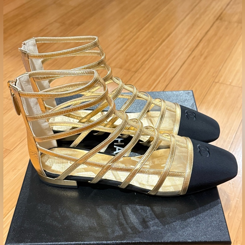 Chanel gold and black Strappy zip sandal Shoes
